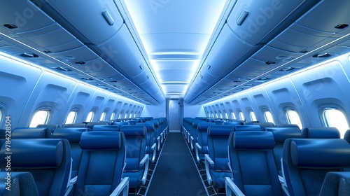 Modern Airplane Interior With Comfortable Blue Seats, Spacious Commercial Aircraft Cabin. Travel and Transportation Concept. Flights and Air Travel Theme. AI