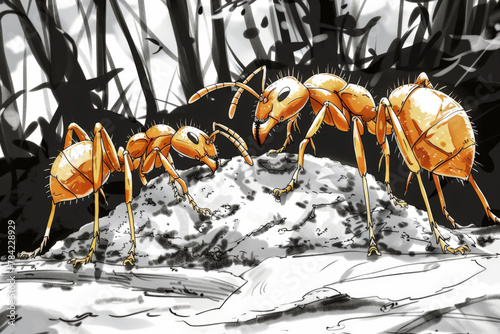 Bustling ant colony working together to build a new hill, watercolor clipart, unity in the undergrowth, photo