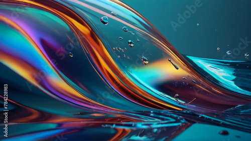 Fototapeta Naklejka Na Ścianę i Meble -  3d render abstract background in nature landscape. Transparent glossy glass ribbon on water. Holographic curved wave in motion. Iridescent design element for banner background,