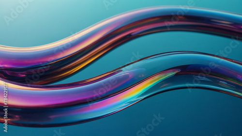 3d render abstract background in nature landscape. Transparent glossy glass ribbon on water. Holographic curved wave in motion. Iridescent design element for banner background 