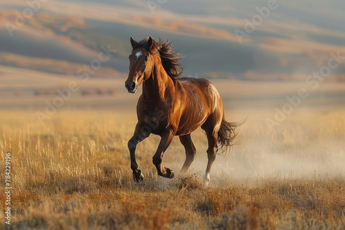A powerful horse gallops across the field, its mane and tail flowing in the wind