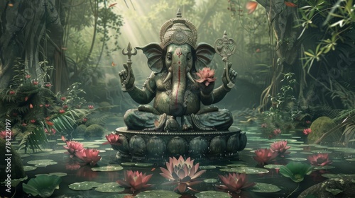 Lord Ganesha seated on lotus in a serene forest setting