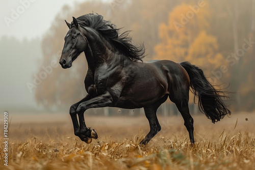 A powerful horse gallops across the field  its mane and tail flowing in the wind
