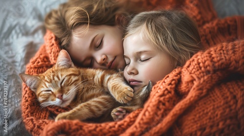 Serene scene of a child and a kitten napping together