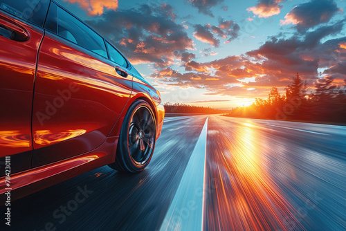 A fast-moving car streaks down a highway, leaving a trail of blurred motion lines behind photo