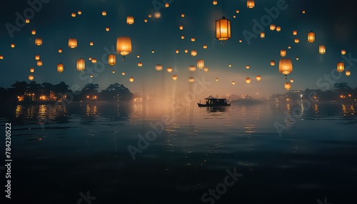 Lots of beautiful lanterns in the night sky during Diwali in India