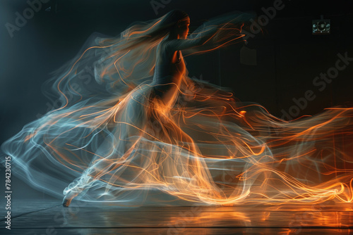 A dancer's body blurs as they twirl rapidly in a dance studio