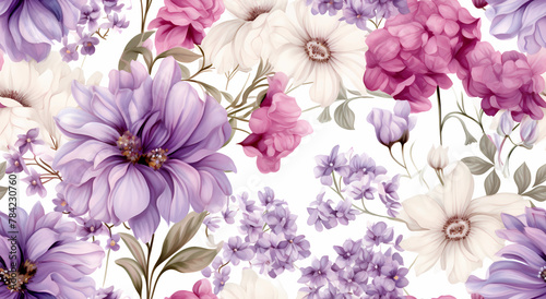 Seamless pattern of white  pink and purple flowers