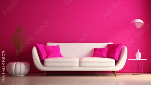 A cozy corner featuring a comfortable white sofa against a bold fuchsia 3D wall  providing a striking contrast.