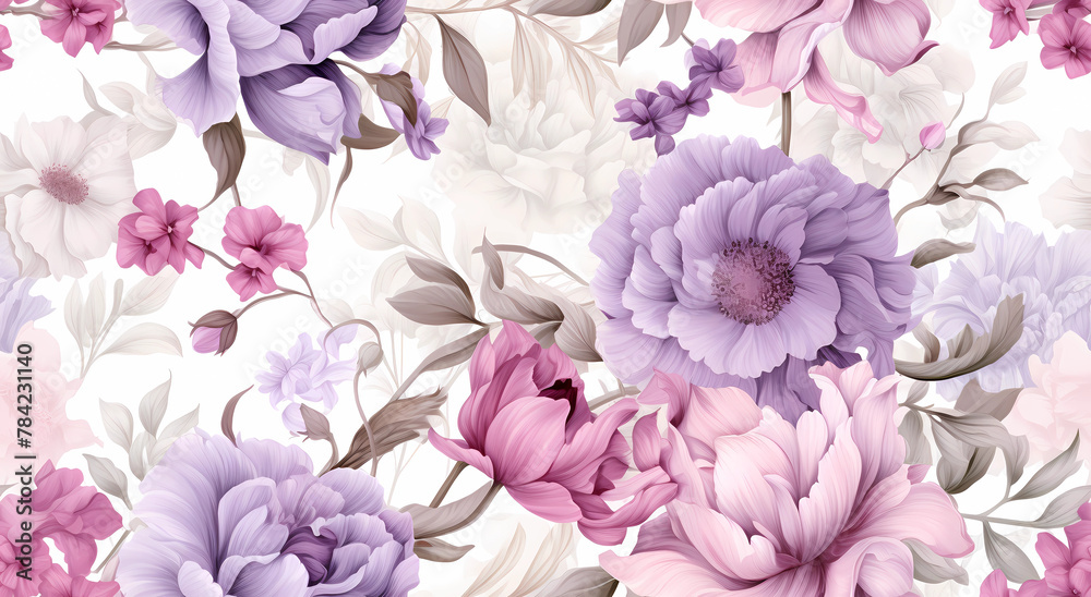Seamless pattern of white, pink and purple flowers