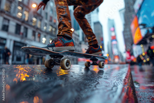 A skateboarder's body and skateboard blur as they grind along a metal rail in an urban setting © Venka