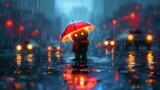 3d Cartoon Render Concept for Rainy Evening with Cute Toy with Umbrella. 