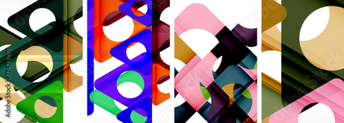Various colorful geometric shapes like rectangles, triangles, and patterns in shades of magenta create a visually stimulating art piece on a white background, showcasing creative arts and symmetry