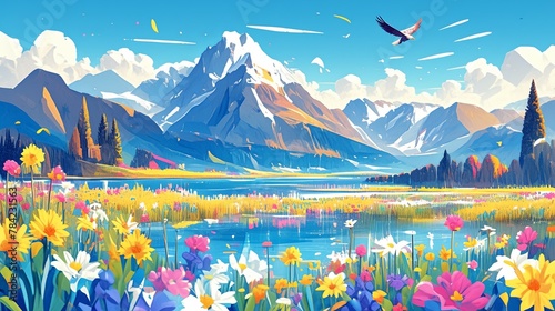  Majestic Eagle Soaring Over Colorful Mountain Scene with Wildflowers and Snowcapped Peaks photo