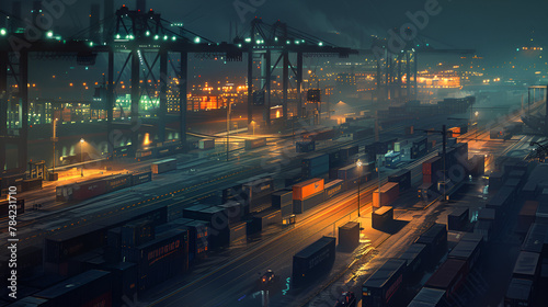 Nighttime scene at a busy freight terminal 