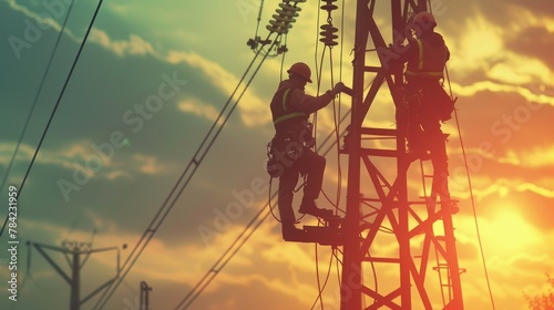 Electricians Repairing High-Voltage Line