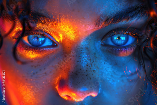 A close-up portrait of a person with an intense  piercing gaze  captured with vibrant colors