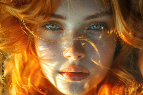 A portrait of a woman with sun-kissed skin and glowing hair, captured in high contrast lighting