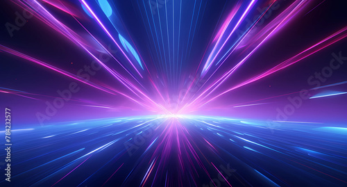 colorful light rays with purple and blue neon lines flying in space