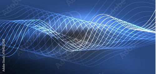 A computer generated image of an electric blue wave on a dark blue background, resembling water in a mesmerizing art pattern, against a sky of azure and purple hues