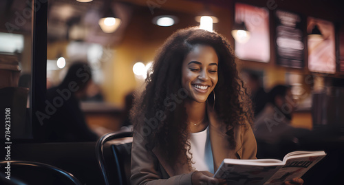 A beautiful black woman smiling while reading a magazine in the crowded coffee shop