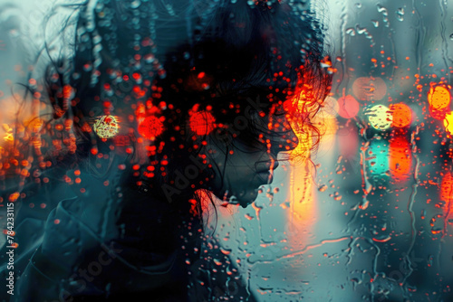A portrait of a person reflected in a rain-streaked window