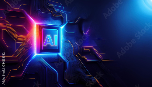 AI technology. Chip with AI latters and circuit board. Artificial intelligence, Computer chip, Future quantum computing, Deep learning algorithms, Tech innovation, Machine learning concept photo