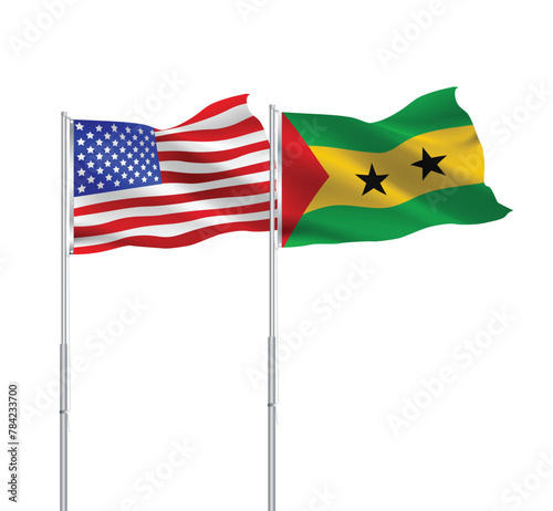 American and Sao tome and Principe flags together.USA,Sao Tome flags on pole
