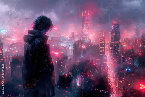 A portrait of a person standing amidst a neon-lit cityscape with vibrant, futuristic colors