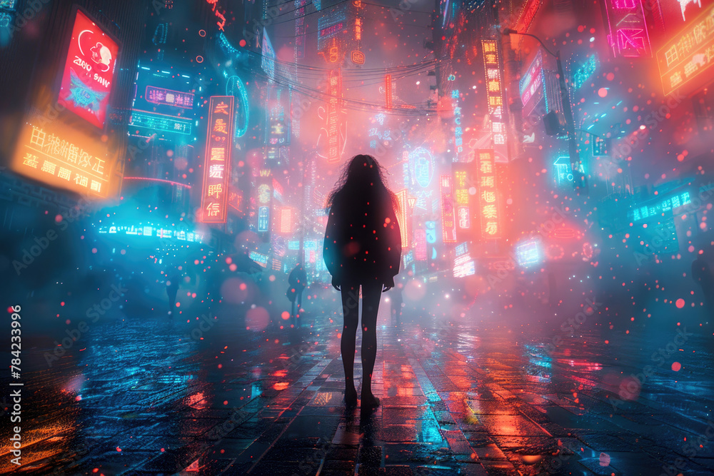 A portrait of a person standing amidst a neon-lit cityscape with vibrant, futuristic colors
