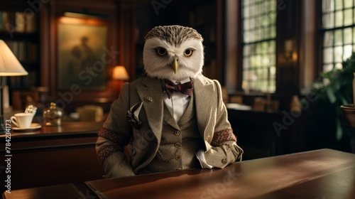 Envision a debonair owl in a tweed vest, paired with a bow tie and a leather satchel. Amidst a backdrop of library shelves, it exudes scholarly charm and intellectual refinement. The ambiance: studiou