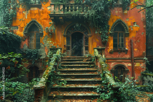 A decaying mansion with crumbling walls and overgrown vegetation