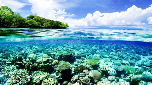 Crystal-clear waters revealing a vibrant coral reef, a hidden underwater world alive with color and mystery.