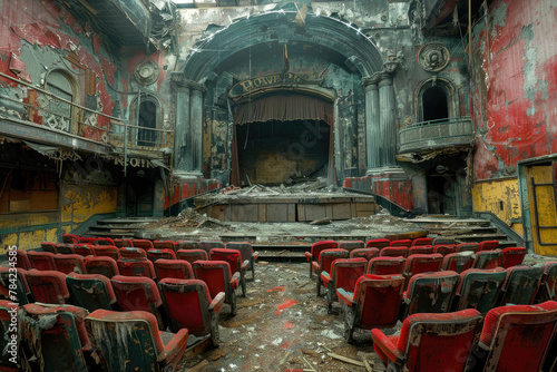 A once-grand theater with faded velvet seats and a dusty stage