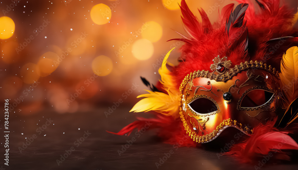 mask on the background of lights in red and gold tones ,concept carnival