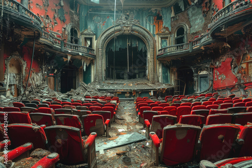 A once-grand theater with faded velvet seats and a dusty stage