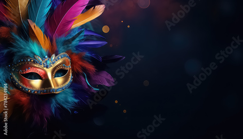 Mask with feathers on purple background ,concept carnival
