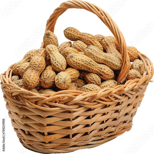 Big peanuts in yellow woven basket on white background