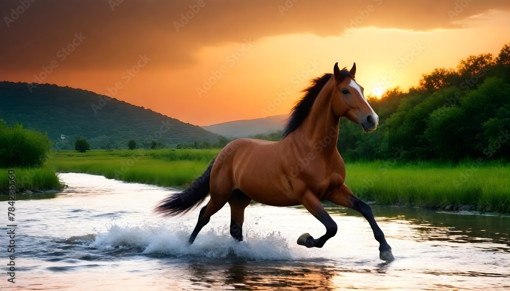 Horse-running-on-the-river-with-sunset Horse-running-on-the-river-with-sunset