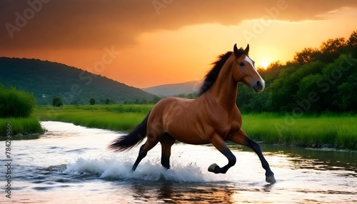 Horse-running-on-the-river-with-sunset