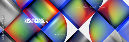 A creative arts geometric background featuring colorful squares, triangles, circles, and patterns in electric blue tints and shades on a white backdrop, symbolizing symmetry and artistry