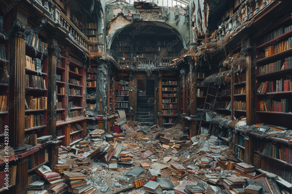 A forgotten library with towering bookshelves and decaying books