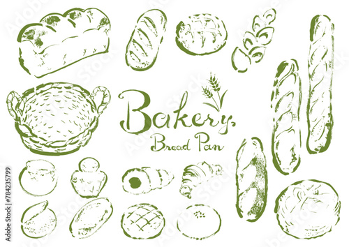 いろんなパンの手描きイラストセット　線画イラスト　緑