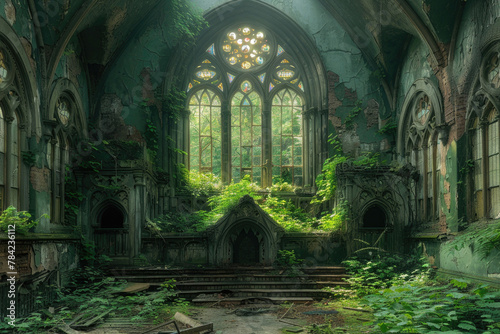 A decaying church with crumbling stained glass windows and overgrown ivy