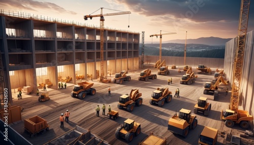 Twilight view of multiple construction vehicles and workers at a sprawling construction site.. AI Generation