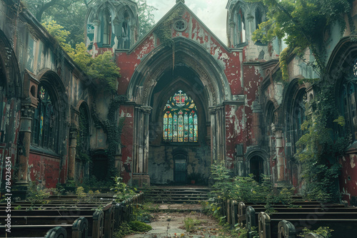 A decaying church with crumbling stained glass windows and overgrown ivy