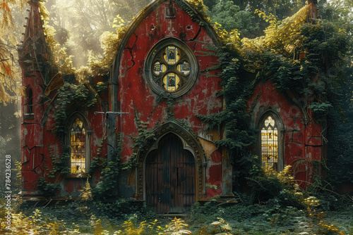 A decaying church with crumbling stained glass windows and overgrown ivy