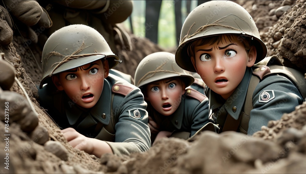 Animated depiction of three soldiers in a trench with expressions of intense focus, capturing a moment of anticipation. AI Generation