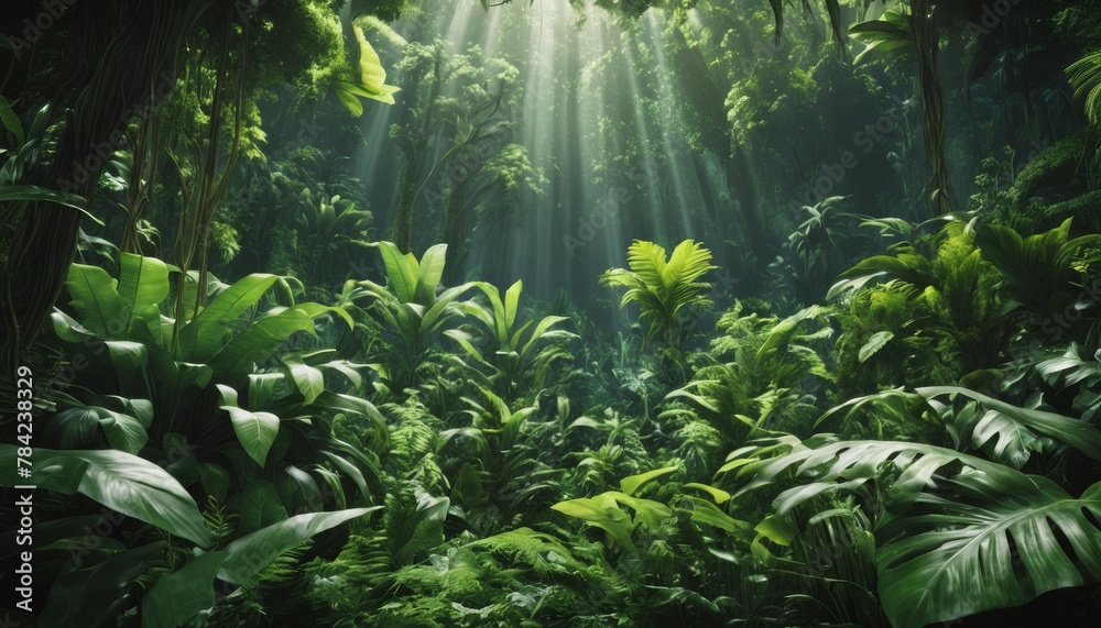 Sunbeams filter through the dense canopy of a lush, green rainforest, illuminating the vibrant undergrowth in a mystical light. AI Generation