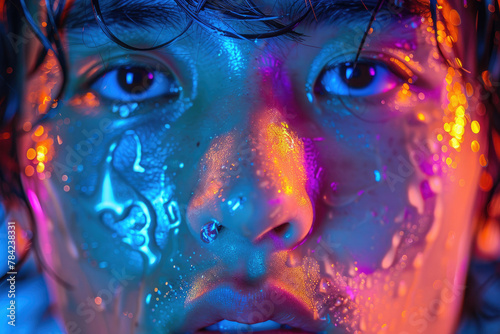 A captivating portrait illuminated by vibrant neon lights